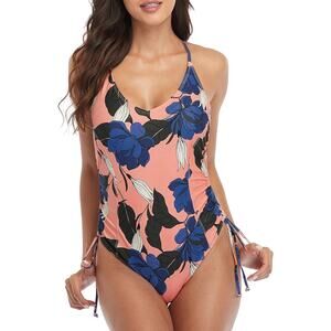 [Sociala] Pink Floral Print V-Neck Ruched Tie Side One Piece Swimsuit Sz Large L